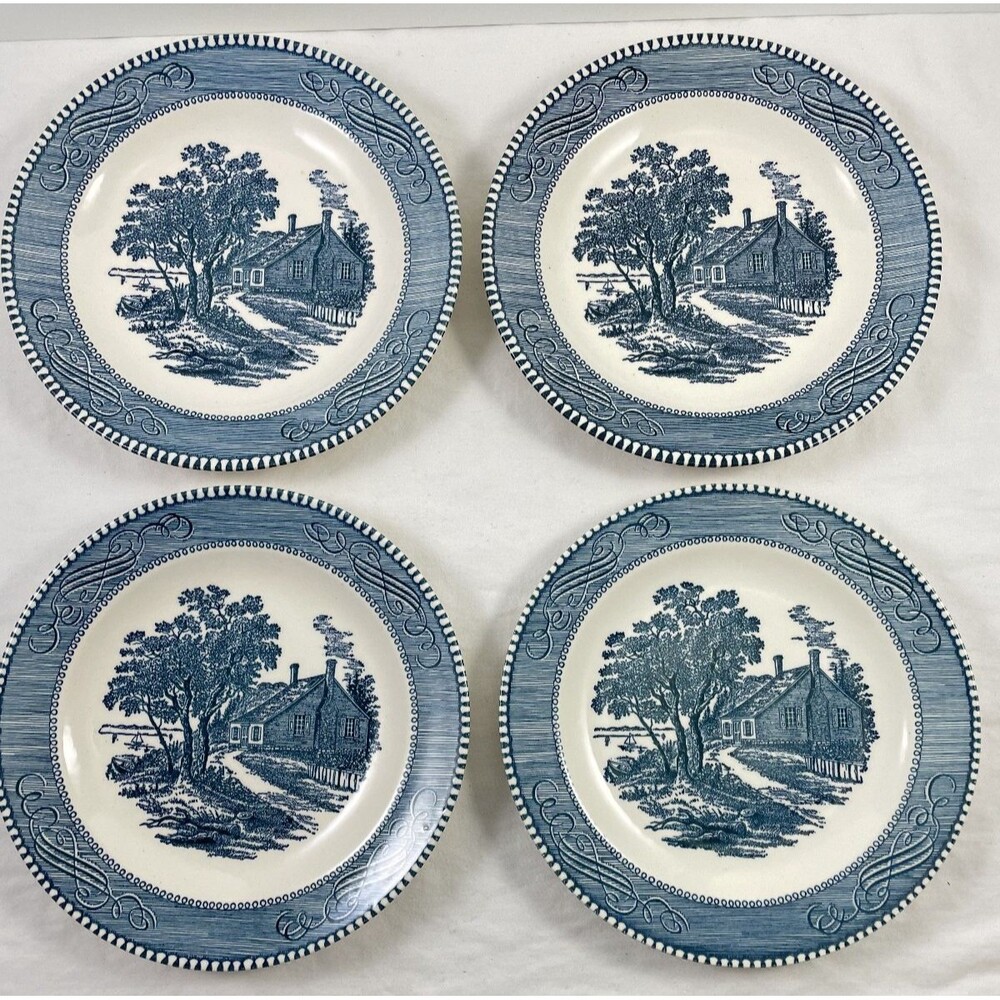 Royal China Currier & Ives Salad Plates 7.25" Set of 4 Blue Ironstone Vintage